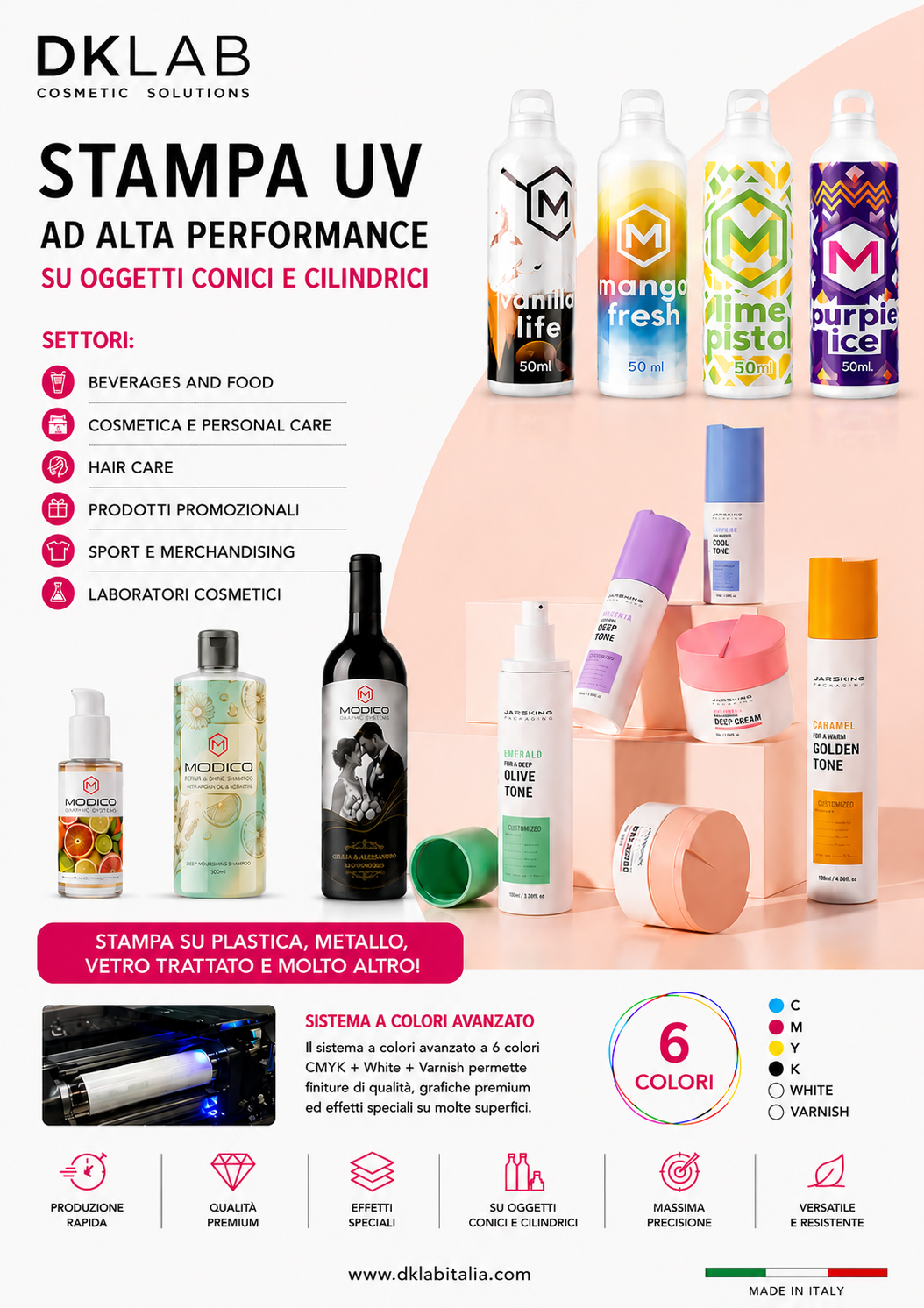 Stampa UV DKLab: esempi di contenitori personalizzati e sistema CMYK, bianco e vernice